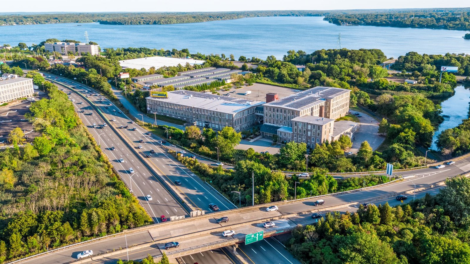 Aerial view of Clover Leaf Mills, office space for lease in Fall River, MA, at the I-195 and Route 24 interchange