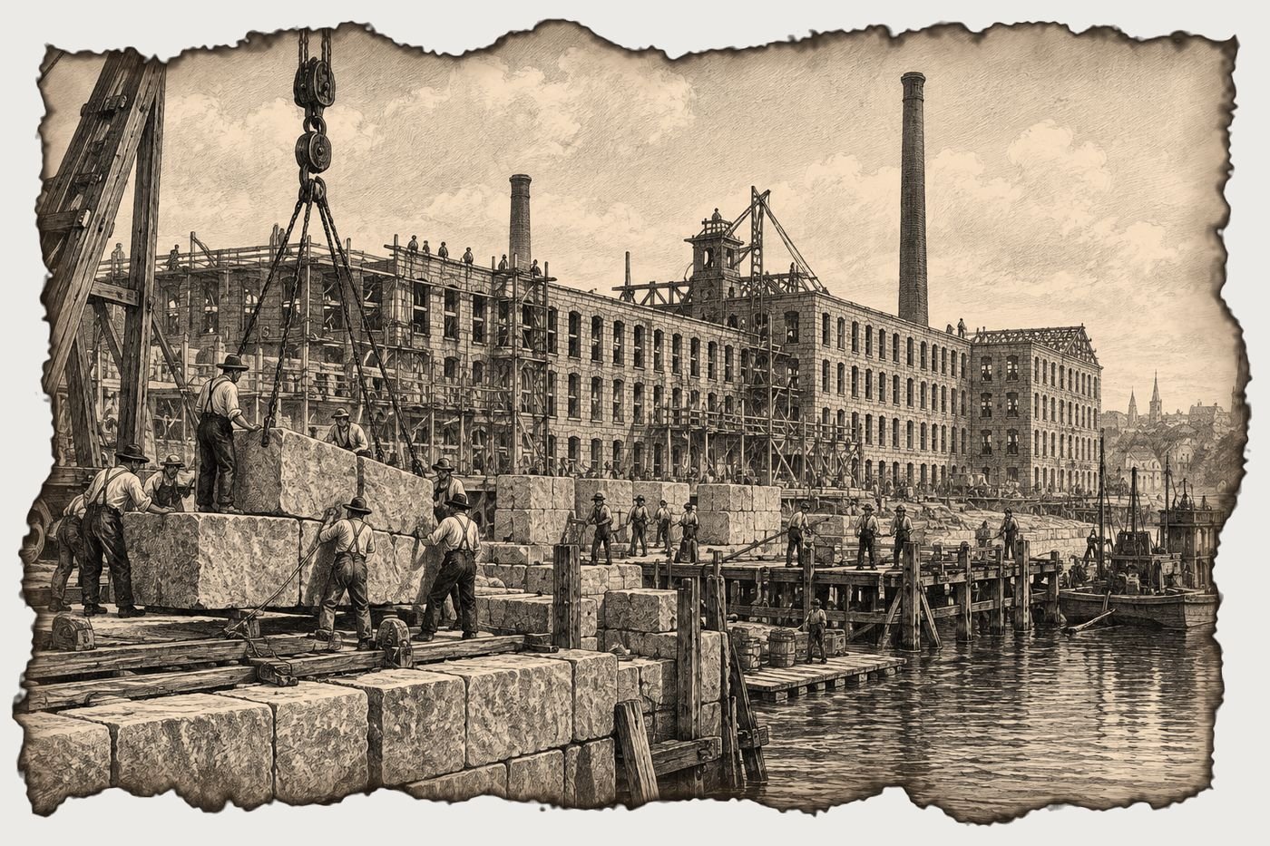 Illustration of granite blocks being set for a Fall River mill in the 1880s