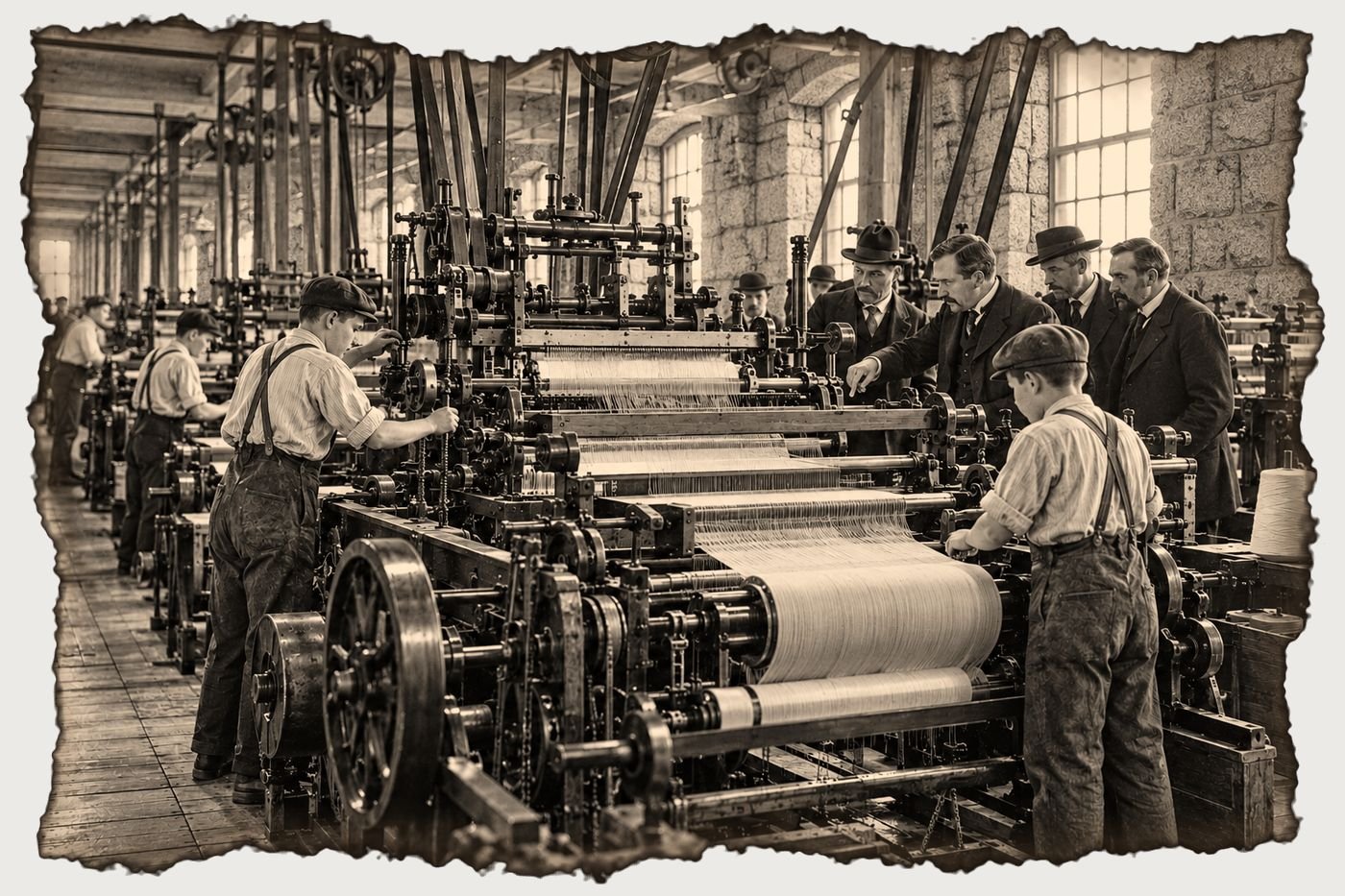 Illustration of mill owners watching an early automatic loom being tested