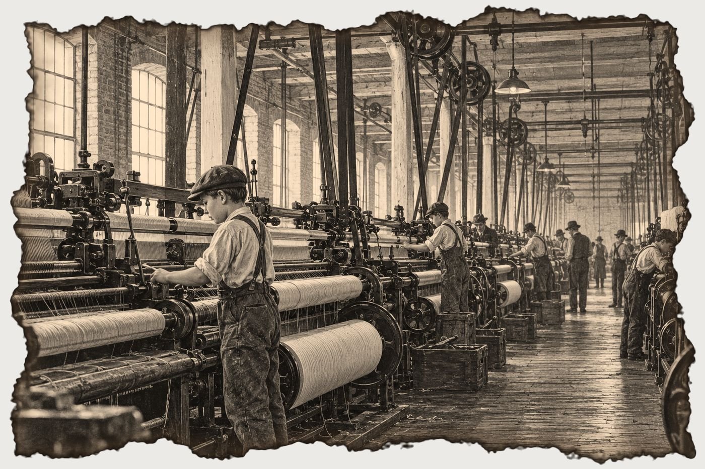 Illustration of a busy weave room in a Fall River cotton mill
